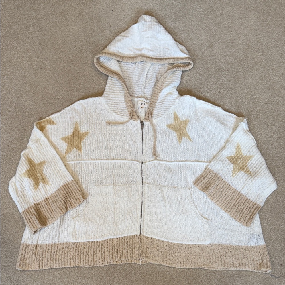 POL Ladies Cream & Tan Star Hooded Zip Sweater